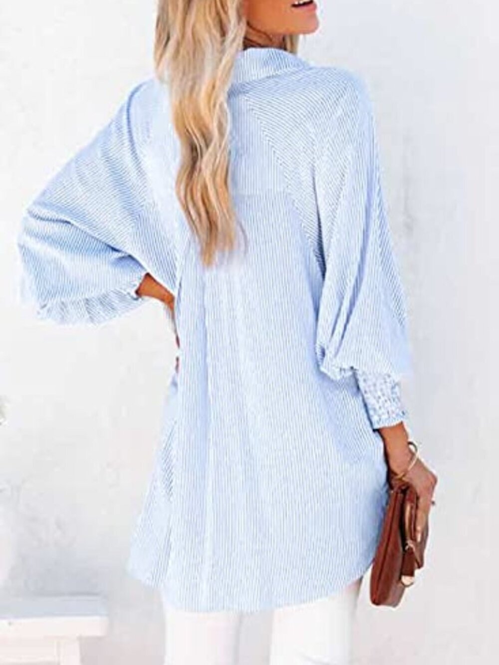 🆕 Womens Smocked Cuffed Striped Boyfriend Shirt Casual Collar Long Sleeve
